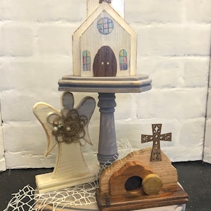 rustic angel, wood church, Easter decor, wood angel, tiered tray, farmhouse
