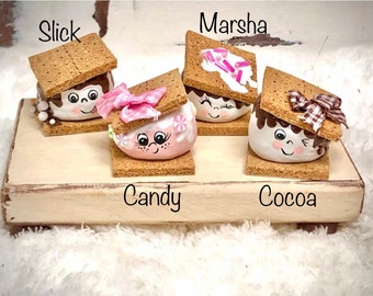 Faux, mini s’mores, friends, marshmallow buddies, coffee bar, cocoa bar, faux desserts, tiered tray, camping