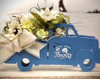 Blue Little wood truck, floral, tiered tray, shelf decor, faux planter, small floral arrangement