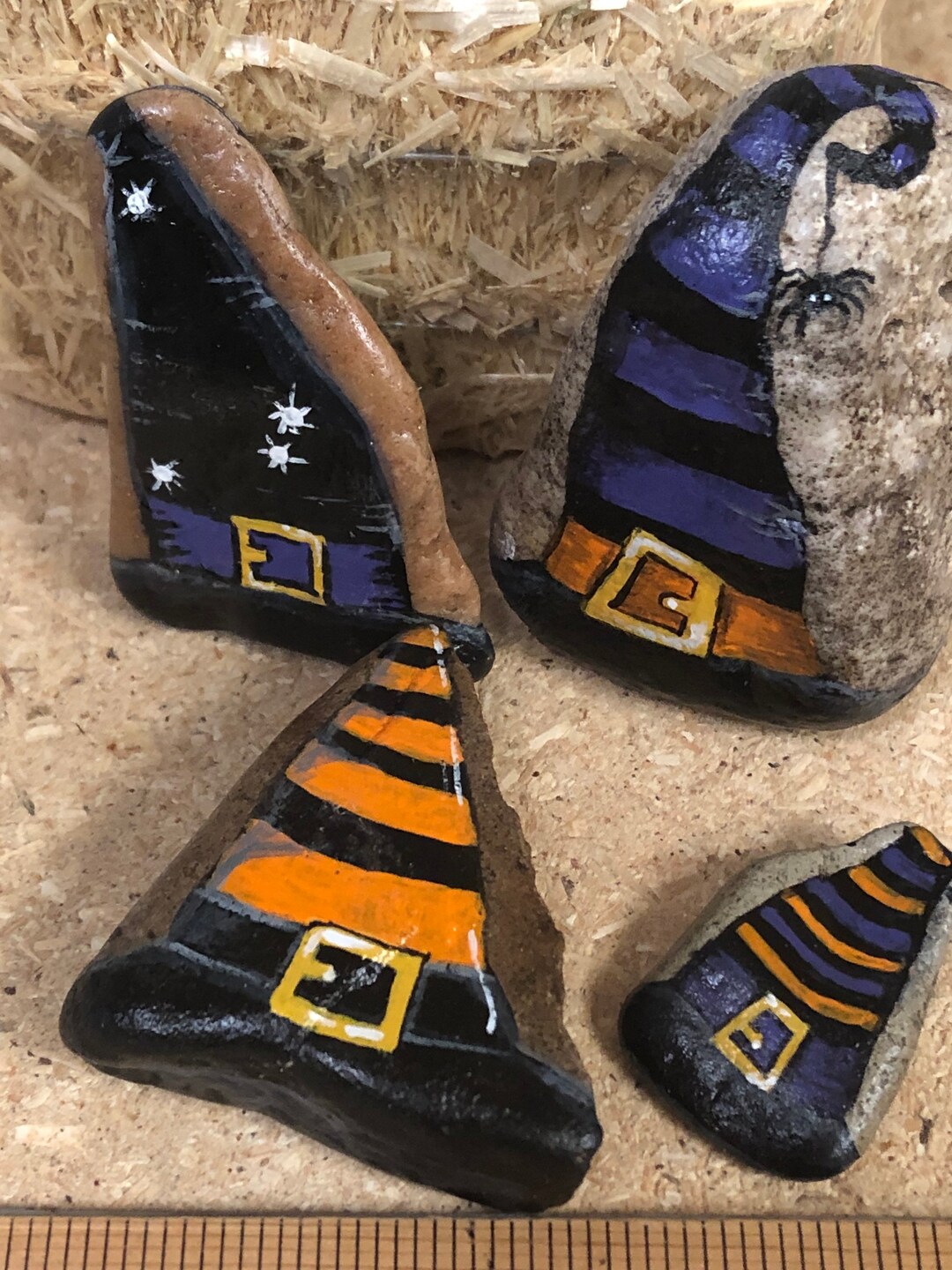 4 WITCHES HATS, Painted Rocks, 2 Sided, Halloween Decor, Tiered Tray ...