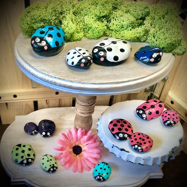 LADYBUG COUSINS, baby bugs, hand painted rocks, ladybugs, garden decor, tiered tray, cute bugs, rock garden, paper weight