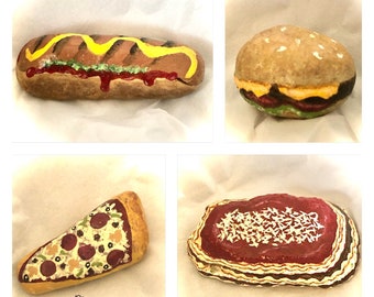 Painted rocks, faux food, hamburger, hotdog, pizza, lasagna, bread, burrito