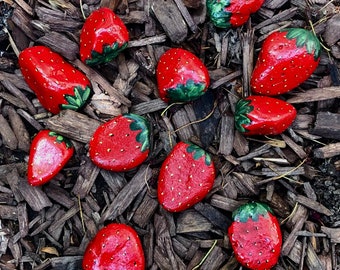 TOP SELLER. STRAWBERRY painted rocks.  *Low Shipping*. deters birds