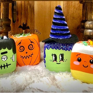 Marshmallow buddies Halloween, candy corn, witch, Frankenstein, pumpkin, Halloween, marshmallow friends