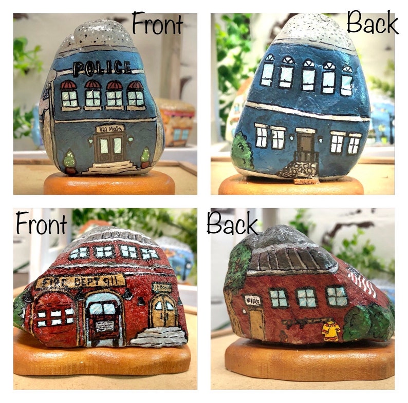 My Department Rocks Painted Rocks, Town, Buildings, Tiny Town, Fire Dept., Police Station ...