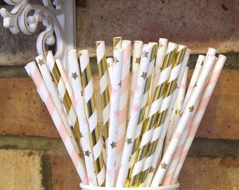 Twinkle Little Star Paper Straws, Set of 25, Gold and Pink First Birthday, Twinkle Star Birthday, Pink and Gold Birthday, First Birthday