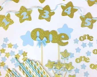 Baby Blue Gold Birthday, Twinkle Star Party, High Chair Banner, Cake Topper, Cupcake Toppers, Confetti, First Birthday, Paper Straws