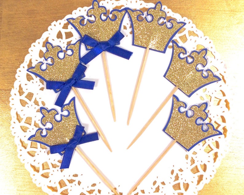 Crown Cupcake Toppers First Birthday Royal Blue Princess Etsy