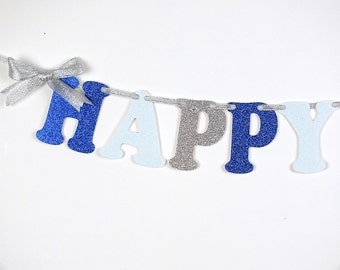 Happy 1st Birthday Banner, Silver Royal Blue and Baby Blue First Birthday, Boy First Birthday