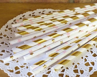 Twinkle poco pajitas de papel estrellas, conjunto de 25, oro y rosa primer cumpleaños, cumpleaños estrella Twinkle, cumpleaños de rosa y oro, primer cumpleaños