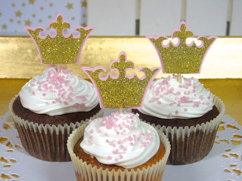 Little Princess Party Crown Cupcake Toppers Gold and Pink | Etsy