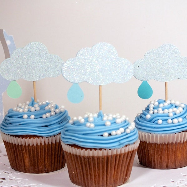 Poca lluvia Cupcake Toppers, nube Cupcake Toppers, Baby Shower, decoración de cumpleaños, primer cumpleaños