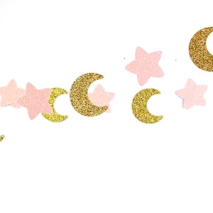 Guirlanda de lua e estrelas, aniversário em ouro rosa, chá de bebê, decoração de berçário