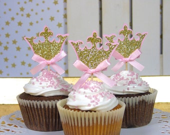 Little Princess Party, Crown Cupcake Toppers, Gold and Pink, Gold and Blush, First birthday, Birthday Decor, Pink and Gold Birthday