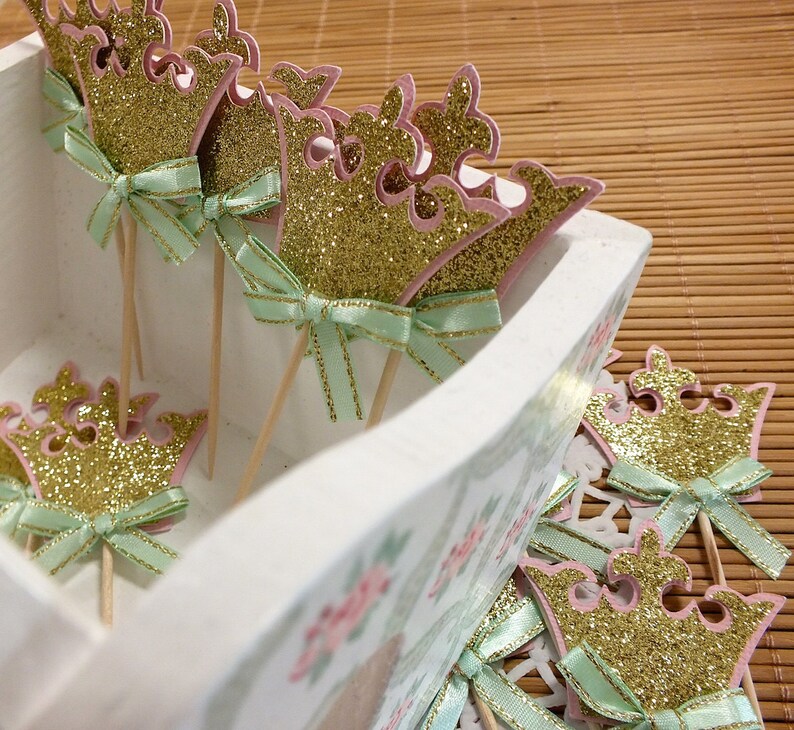 Crown Cupcake Toppers, Little Princess Party, Gold Mint and Pink, Gold ...