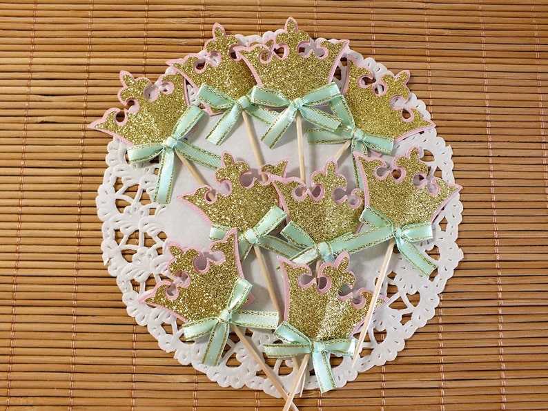 Crown Cupcake Toppers, Little Princess Party, Gold Mint and Pink, Gold ...