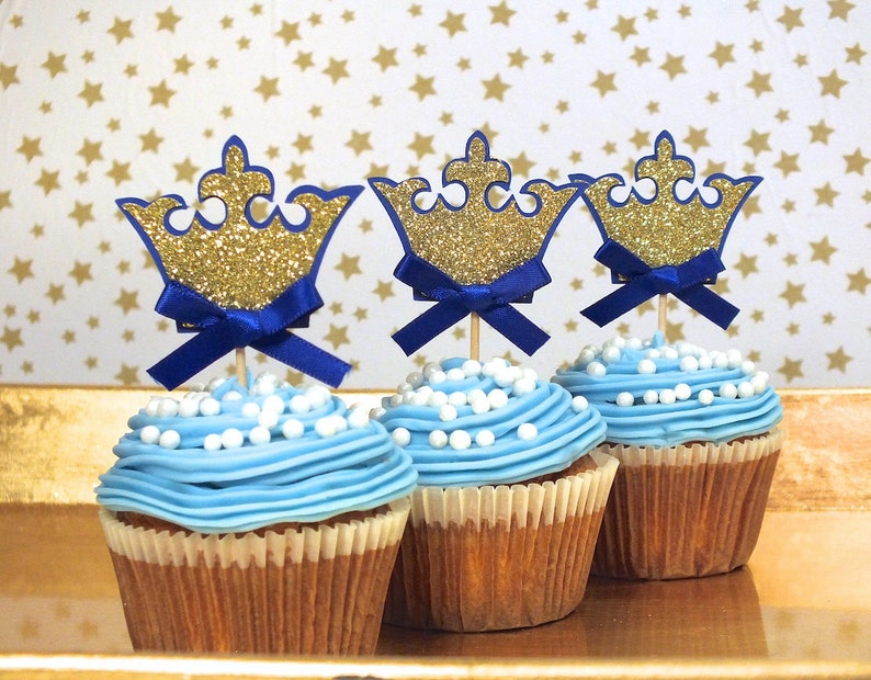 Crown Cupcake Toppers First Birthday Royal Blue Princess Etsy