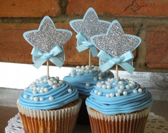 Twinkle Little Star Cupcake Toppers, Silver and Blue, Baby Shower, Birthday Decor, Boy Birthday, First Birthday