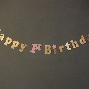 Happy Birthday Small Banner, Personalized Birthday Banner, Gold and Pink First Birthday, Little Star Birthday