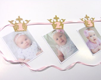 Kleine prinses Photo Banner, 1-12 maanden Banner, goud en roze eerste verjaardag, roze en gouden verjaardag, eerste verjaardag