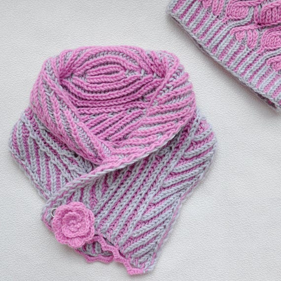 Brioche Stitch Womens Knit Scarf Brioche Scarf Hand Made Two Color Brioche Stitch Knitted Scarf Scarf Clasp Yarn Alize Lanagold