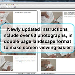 Op de afbeelding: Een screenshot van een computerscherm dat een PDF-document toont met instructies voor een knutselproject. De instructies bevatten meer dan 60 foto's in een dubbelzijdig landschapsformaat om het bekijken op het scherm te vergemakkelijken.