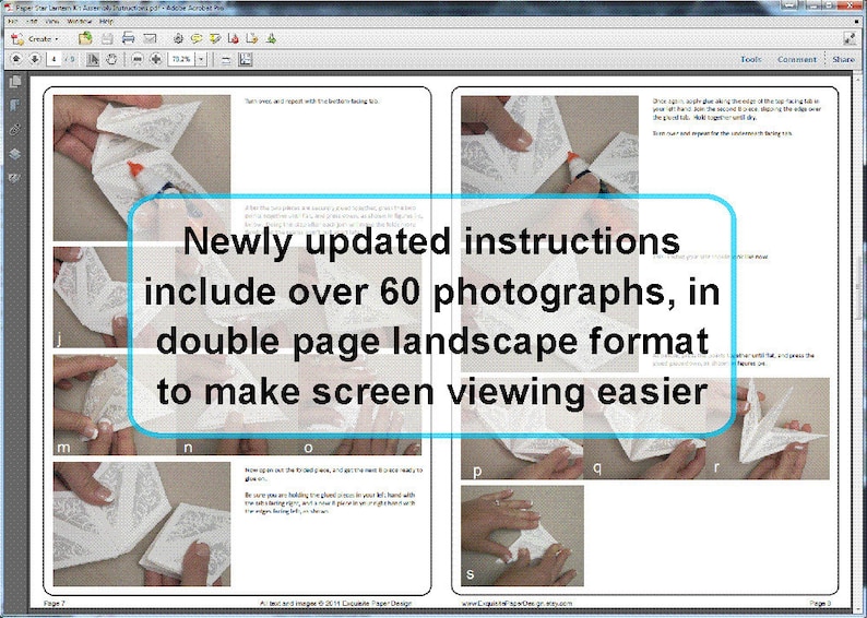 Op de afbeelding: Een screenshot van een computerscherm dat een PDF-document toont met instructies voor een knutselproject. De instructies bevatten meer dan 60 foto's in een dubbelzijdig landschapsformaat om het bekijken op het scherm te vergemakkelijken.