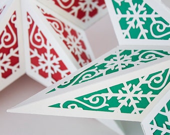 3D Paper Star Lantern w Snowflakes - SVG Cutting File PDF ZIP occasion spéciale, luminaire, design, modèle, modèle, décoration, fête