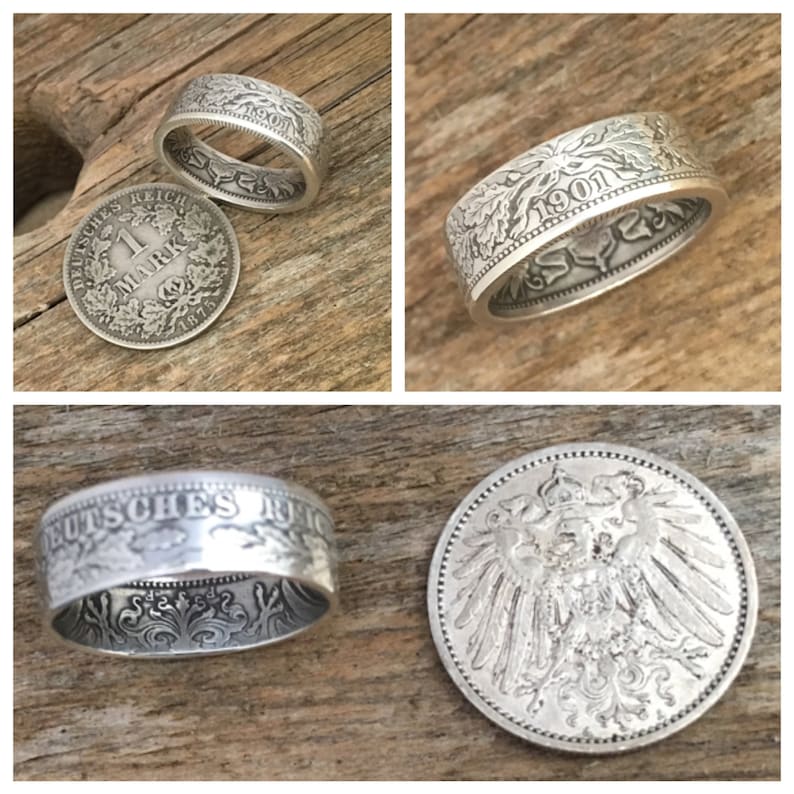 Handcrafted German 1 Mark coin ring 90/% silver