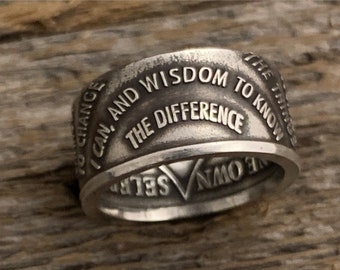 AA Silver Sobriety coin With Serenity Prayer Coin Ring . Handcrafted Double sided (1/2 ounce Fine Silver )