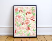 Illustration unique aux crayons de couleurs de fleurs et femmes