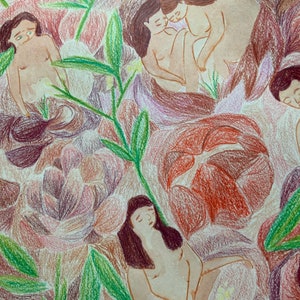 Illustration unique aux crayons de couleurs de fleurs et femmes image 2