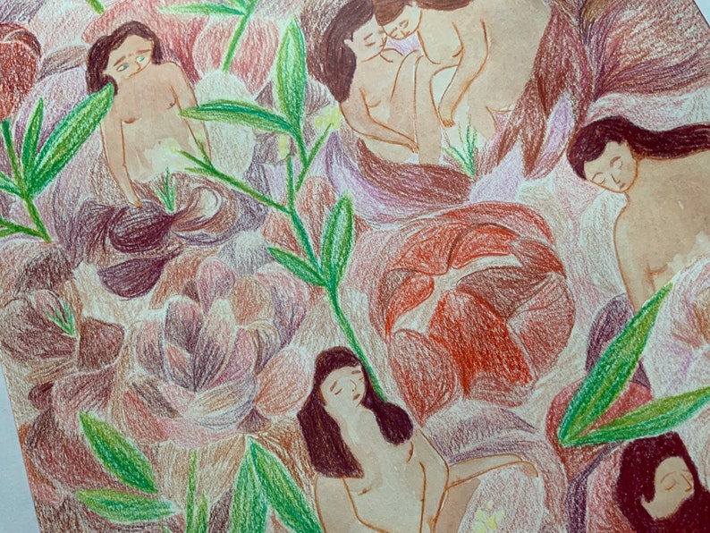 Illustration unique aux crayons de couleurs de fleurs et femmes image 2