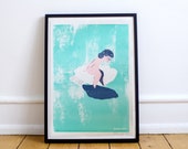 Risographie d’une petite fille sur un nuage