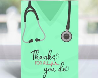 Krankenschwester Danke Karte zum Ausdrucken, gesundheitliche Wertschätzung, Grußkarte zum Arzt, medizinisches Personal Geschenk, Scrubs Design, Sofort Download