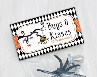 Halloween Bugs and Kisses Treat Bag Toppers, Printable Spider Candy and Cookie Bag Labels
