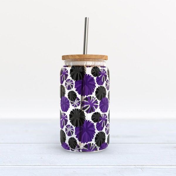 Purple Black Cheerleader Pom-Pom Sublimation Design for 16 oz Glass Jars, Cheer Mom Coach Beer Can Sublimation Design