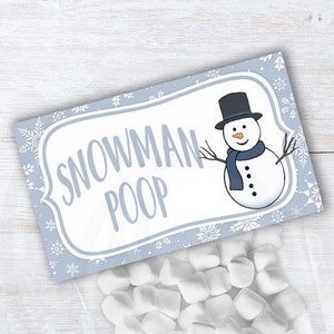 Adornos para bolsas de regalo imprimibles con forma de muñeco de nieve travieso, bolsas de regalo para fiestas de invierno de Navidad con poemas de caca de muñeco de nieve, 2 tamaños