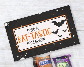Fledermaus-tastischer Halloween-Süßigkeitentüten-Verschluss, ausdruckbares Fledermaus-Süßigkeitentüten-Etikett, Gastgeschenk für Kinder im Klassenzimmer, 2 Größen
