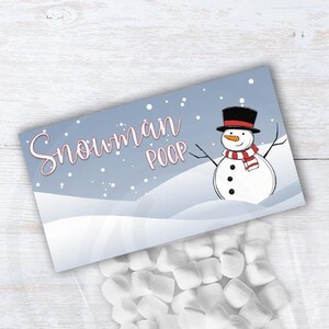 Adornos imprimibles navideños para bolsas de golosinas con caca de muñeco de nieve, divertido relleno de calcetín navideño, adorno para bolsa de dulces y galletas con caca de muñeco de nieve travieso