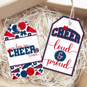 Etiquetas de regalo imprimibles de porristas rojas y azules, etiquetas imprimibles del equipo de porristas, etiqueta de regalo para entrenador de porristas, descarga instantánea imprimible de "Animación fuerte y orgullosa"