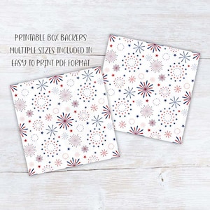 May include: Two square printable box backers with a white background and a repeating pattern of red, white, and blue starbursts and stars. The text "PRINTABLE BOX BACKERS MULTIPLE SIZES INCLUDED IN EASY TO PRINT PDF FORMAT" is printed on the image.