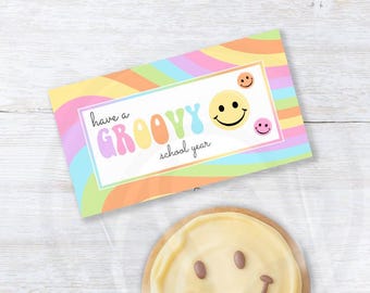 Groovy Back to School Leckerli Beutel Toppers druckbare, Smiley Schule Cookie Bag Header, Schüler Lehrer Geschenk Favor