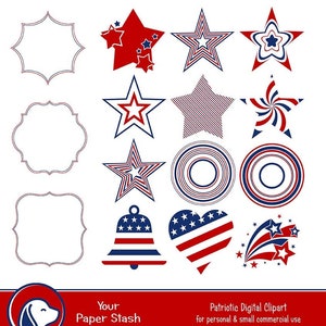 Patriotic Clip Art for 4th of July Veteran&#39;s Day And Memorial Day, Red White Blue Stars and Stripe Patriotic Clipart for Commercial Use