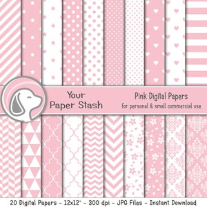 Pacote de papel digital rosa para chá de bebê, revelação do sexo do bebê e páginas de scrapbook de aniversário, papel pastel com corações, estrelas, bolinhas, listras, download