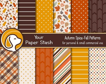 Puede incluir: Una colección de 12 papeles digitales con patrones otoñales que incluyen calabazas, espantapájaros, hojas, lunares, rayas, chevrones y cuadros en naranja, marrón y crema. El texto dice Your Paper Stash Autumn Spice-Fall Patterns.