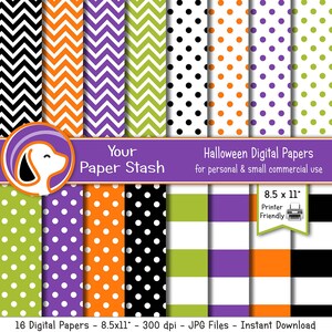 Papel digital imprimible de Halloween de 8,5 x 11 pulgadas, paquete de papel de rayas de chevron y lunares, fondos de Halloween, manualidades de Halloween, descarga instantánea