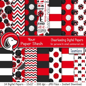 Red Black Cheer Team Seamless Digital Papers, Cheerleader Scrapbooking Papiere Pompom Megaphon Digitale Hintergründe, kleine kommerzielle Nutzung