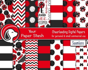 Red Black Cheer Team Seamless Digital Papers, Cheerleader Scrapbooking Papers Pompom Megaphone Digital Backgrounds, Small Commercial Use