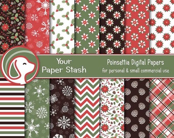 Christmas Digital Paper Pack, Poinsettia Digital Papers, Pinecones Holly & Snowflake Patterns, Rustic Holiday Scrapbook Paper Commercial Use